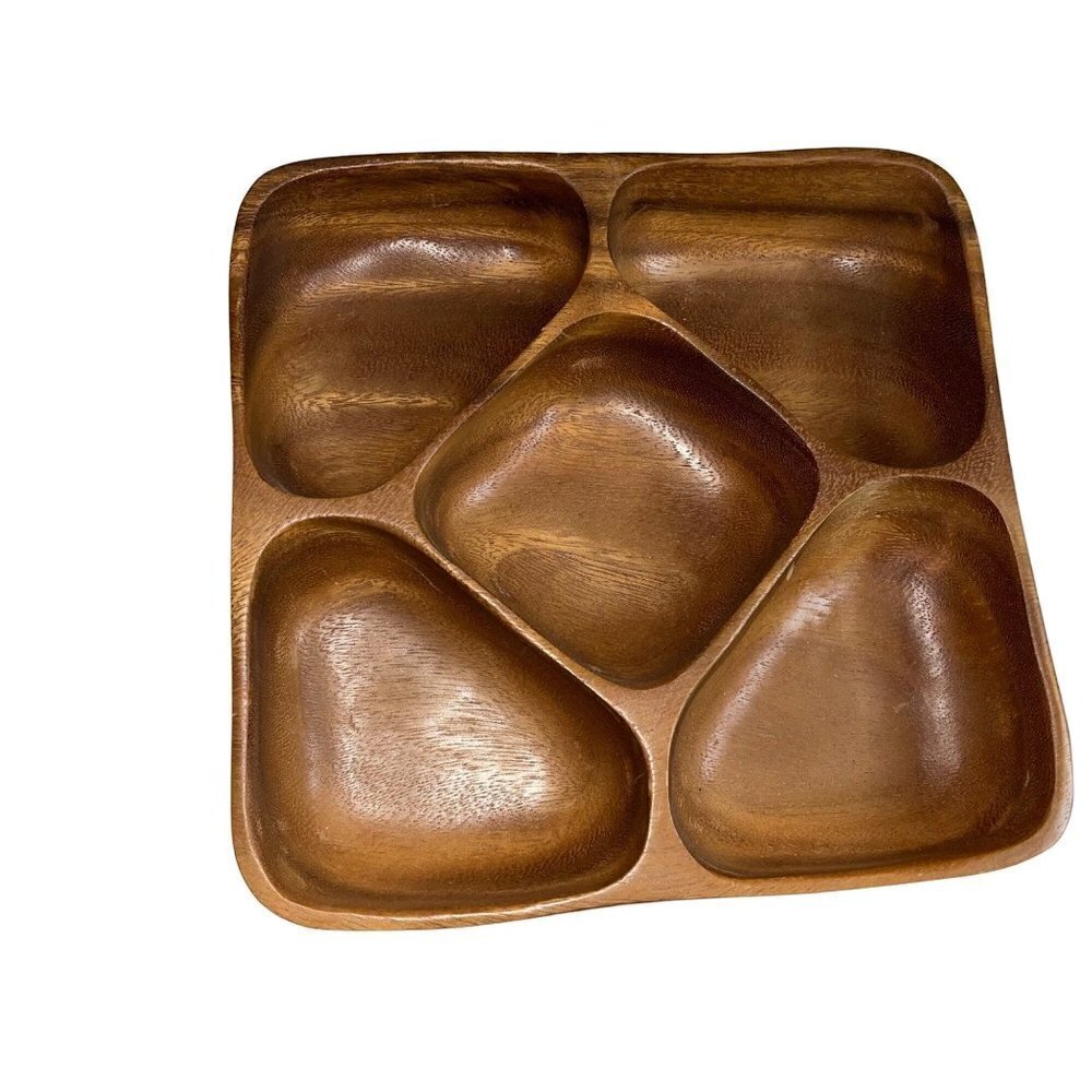 Vintage Divided Serving Tray Monkey Wood Pod Lazy Susan MCM Tiki Hawaiian